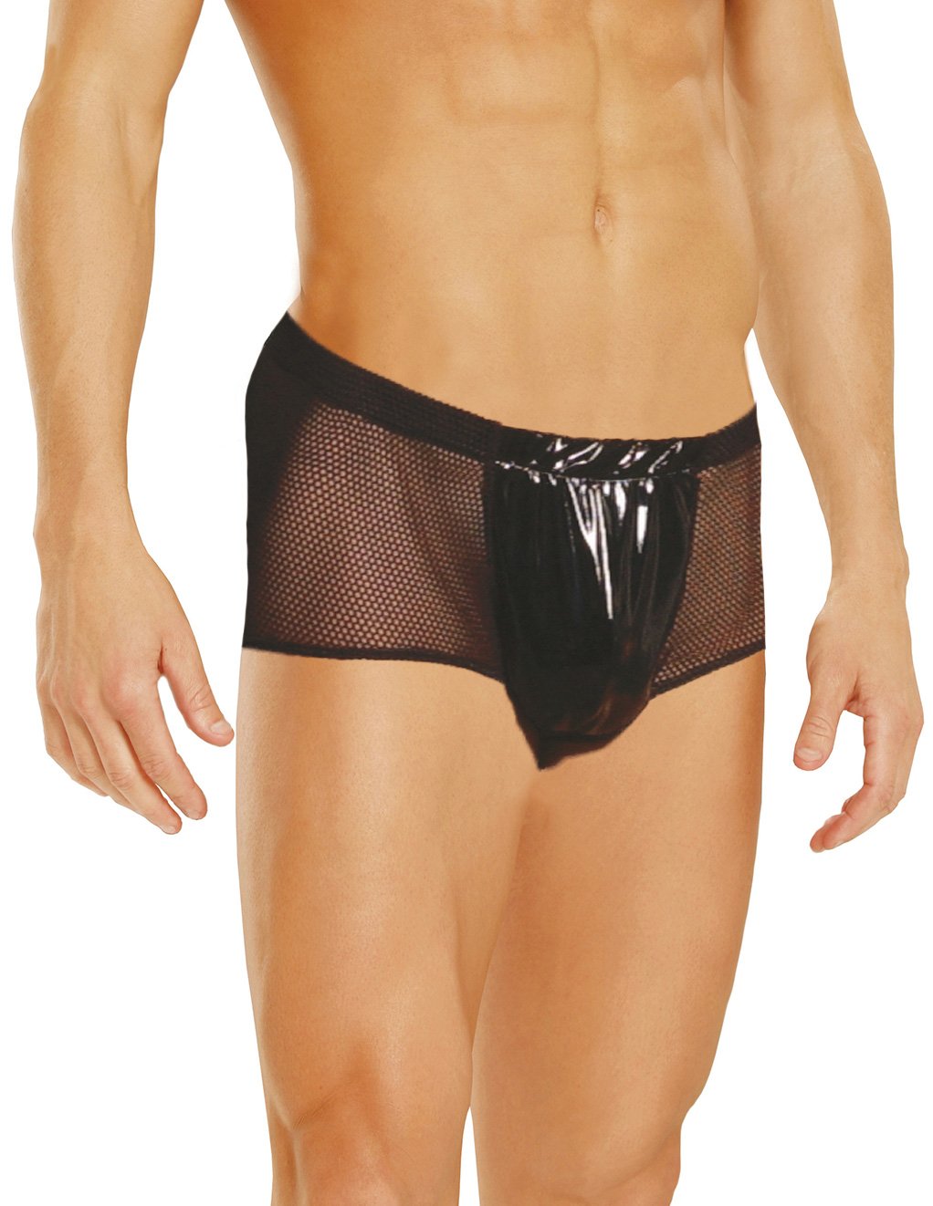 Elegant Moments Men's Fishnet Shorts with Vinyl Front - Lingerie - Mens Underwear
