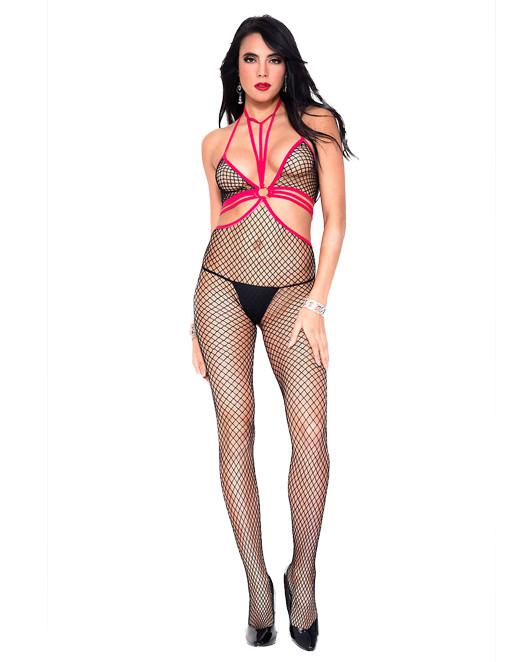 Hustler Lingerie Contrast Trim Strappy Diamond Net Bodystocking - Lingerie - Bodystockings