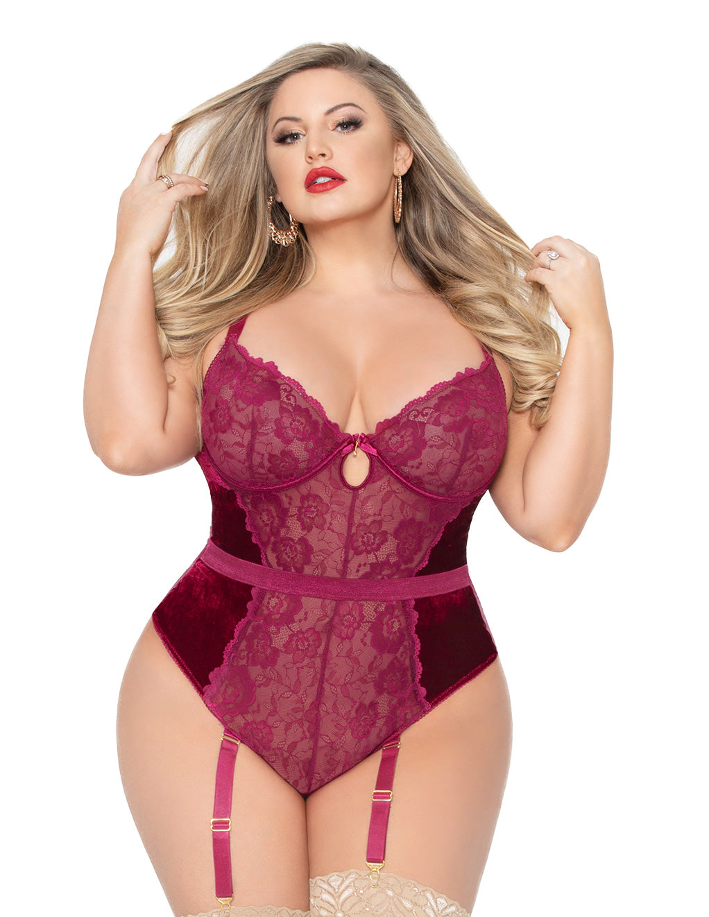Seven Til Midnight Smooth Like Velvet Teddy Front Wine Plus Size