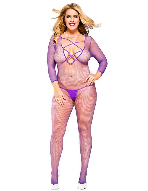 Hustler Lingerie Plus Size Criss Cross Long Sleeve Fishnet Bodystocking - Lingerie - Bodystockings