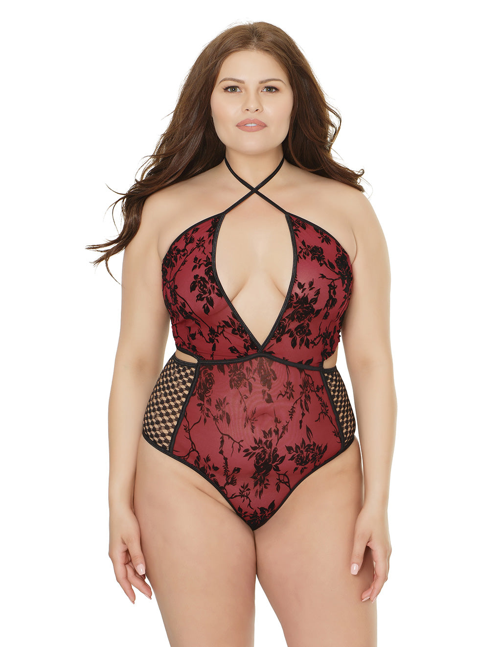 Coquette Criss Cross Strap Fishnet And Lace Teddy Plus Size Front