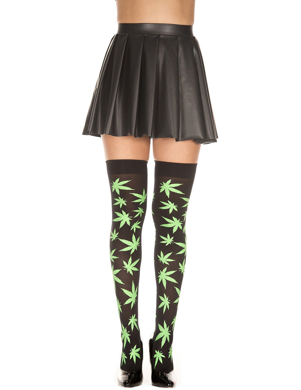Music Legs Sexy Black and Green Leaf Print Sheer Thigh Highs Green Leaf