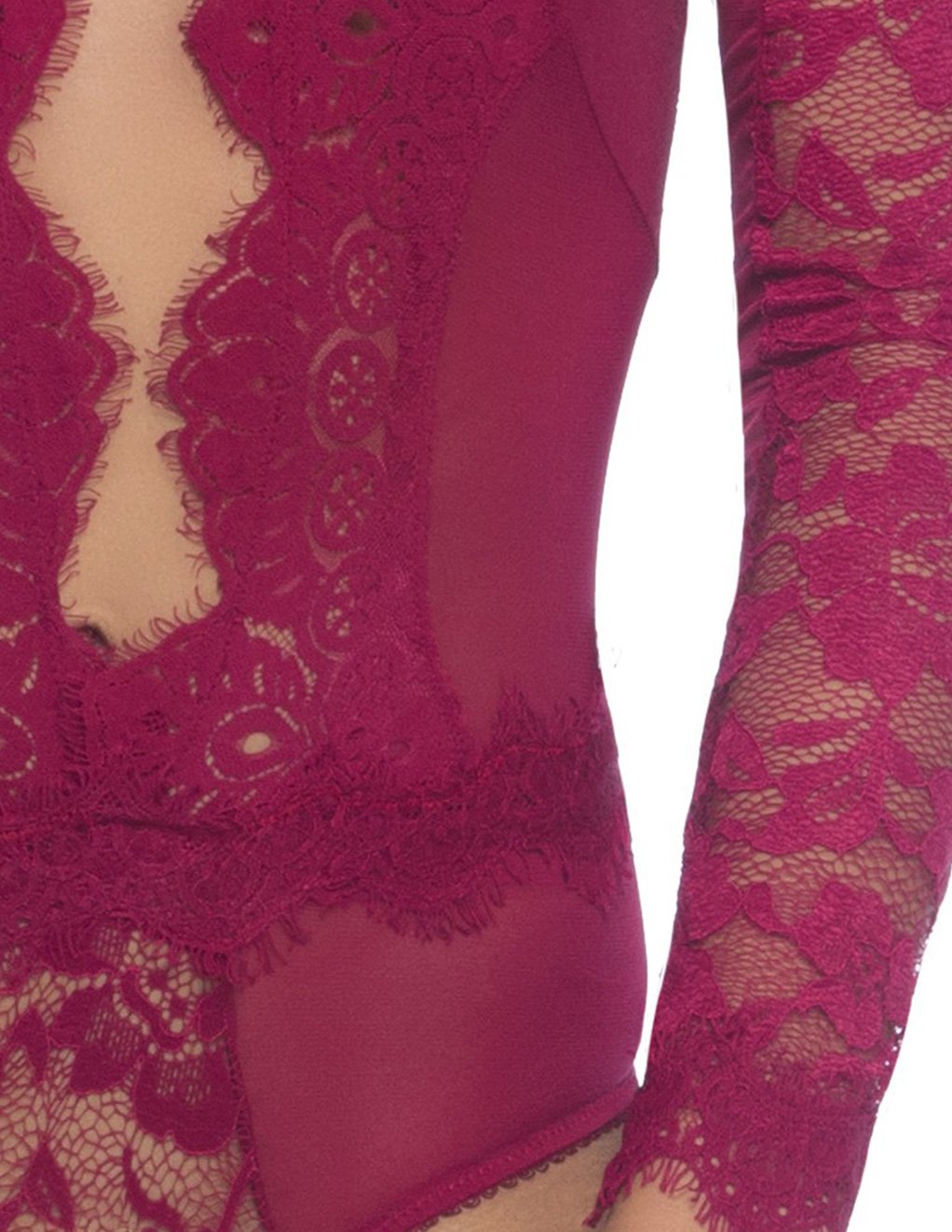 Oh La La Cheri Renata Eyelash Lace Long Sleeve Plunge Teddy - Lingerie - Teddys
