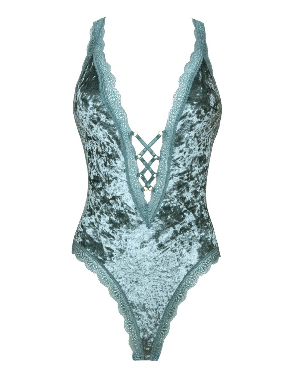 Turquoise Velvet Teddy with Lace Plunge Neckline by Oh La La Cheri