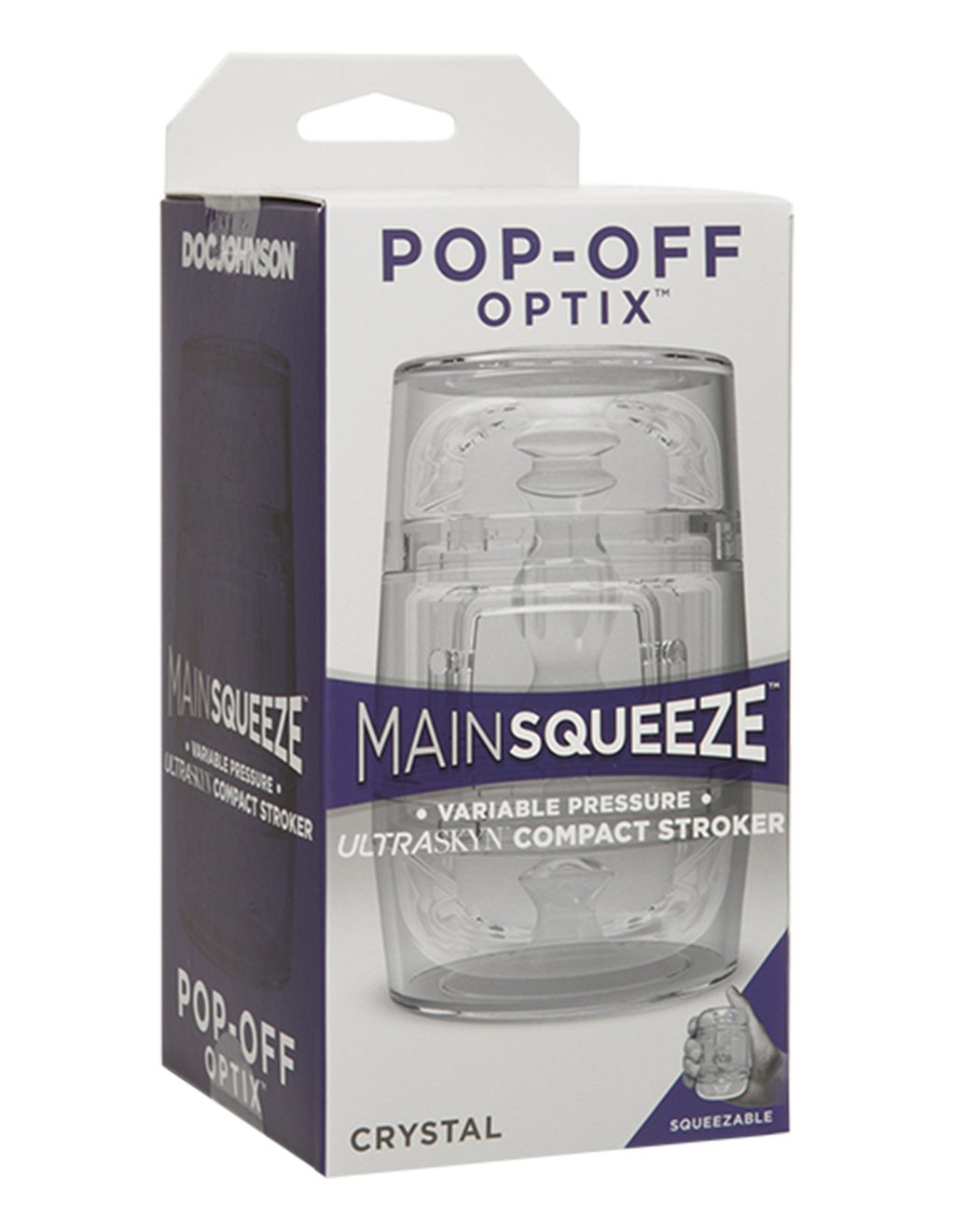 Doc Johnson Main Squeeze Pop Off Optix Crystal Clear Masturbator box