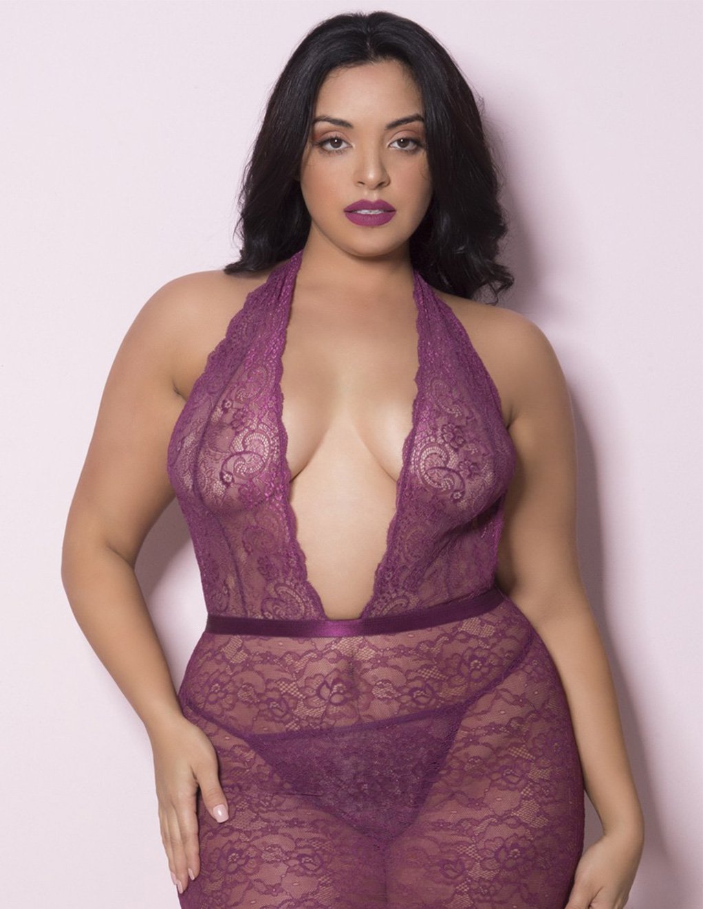 Oh la la Cheri Plunging Lace Halter Babydoll Purple
