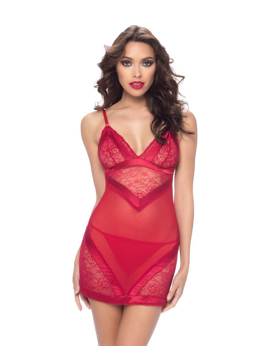Elisa Sheer Chemise with Satin Panels Red Front