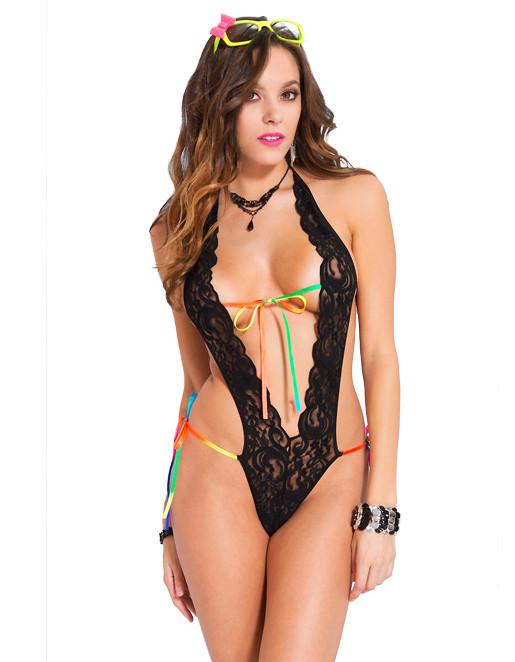 Hustler Lingerie Deep V Lace Teddy with Rainbow String Ties - Lingerie - Teddys