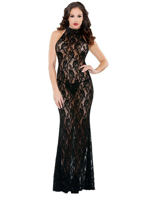 Black Floral Lace High Neck Gown
