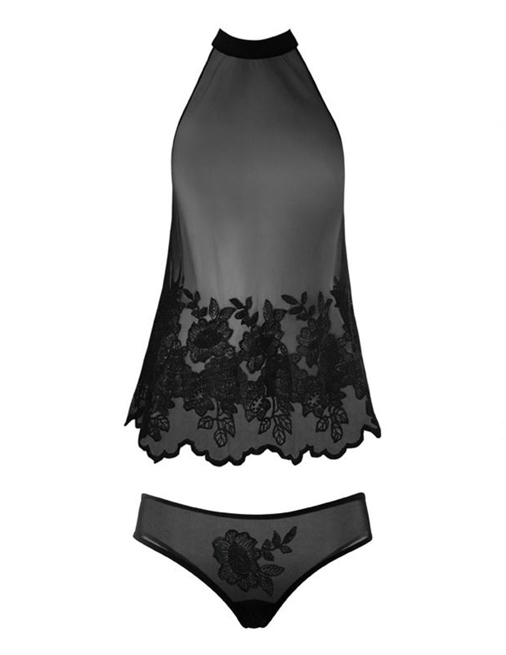 Black Marilyn Embroidered Mesh And Lace Trim Babydoll & Panty close up
