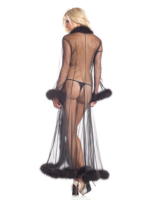 hustler brand marabout feather trim lingerie robe black back