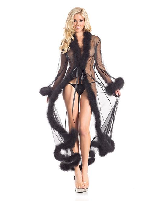 hustler brand marabout feather trim lingerie robe black front