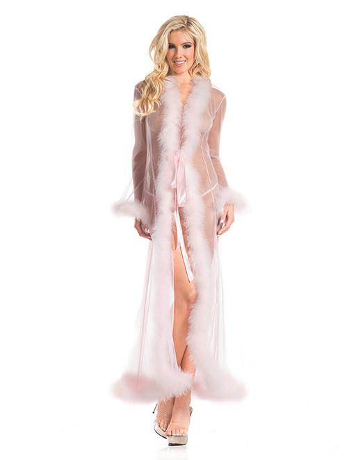 hustler brand marabout feather trim lingerie robe light pink