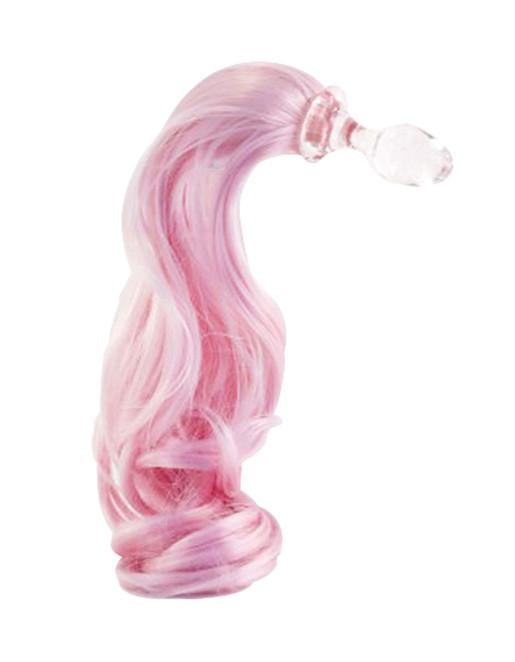 Crystal Delights Detachable Faux Pony Tail Glass Anal Plug Baby Pink