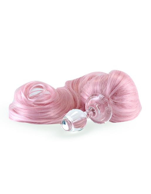 Crystal Delights Detachable Faux Pony Tail Glass Anal Plug Baby Pink