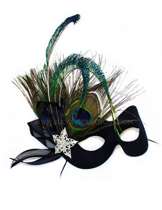 Evening Star Peacock Feather Satin Masquerade Mask - Accessories - Headgear