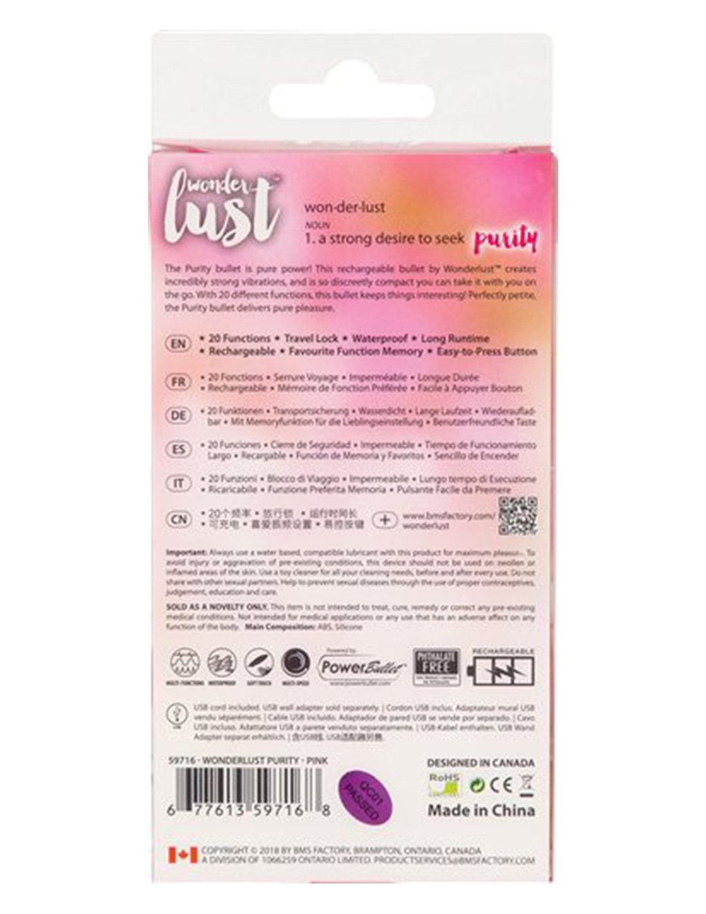 Wonderlust by BMS Factory Purity Bullet Vibrator packaging back side