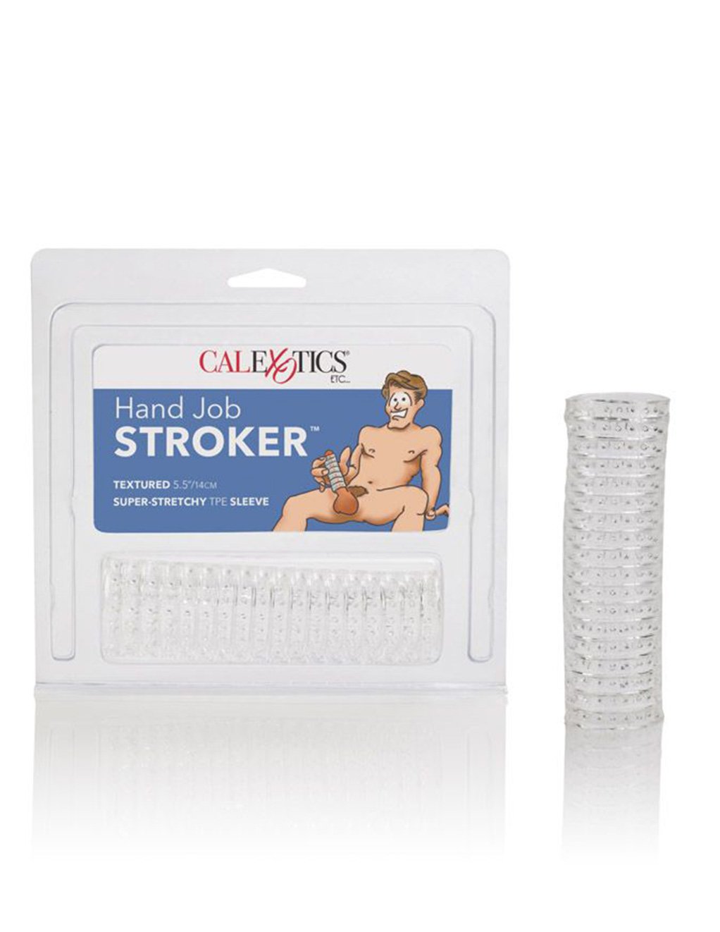 Cal Exotics Clear Hand Job Stroker packaging with toy